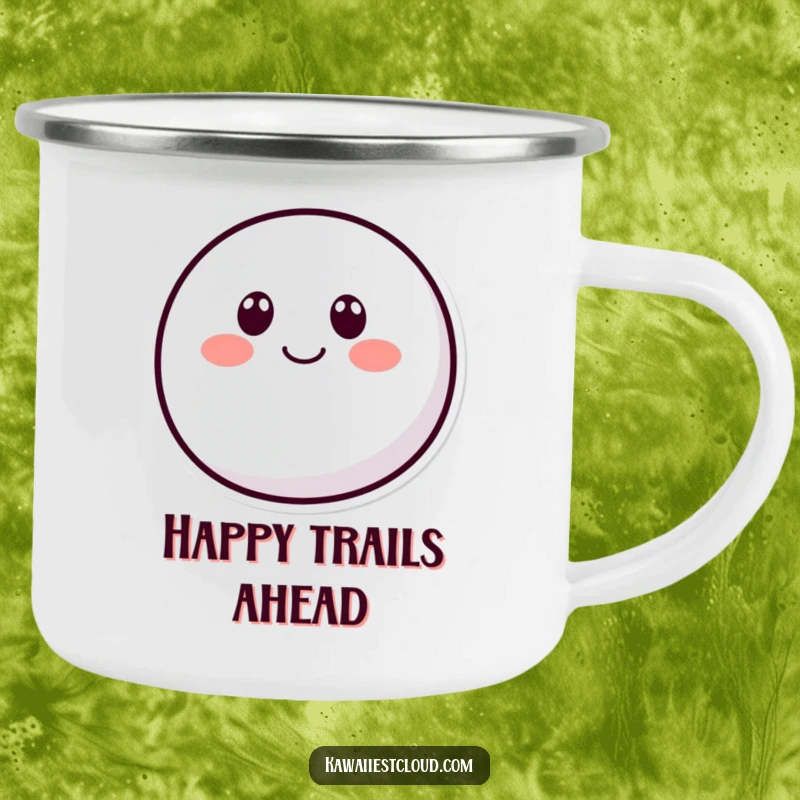 Funny rounded character camping mug with two dot eyes and a curved smile, perfect for enjoying drinks outdoors with a dose of simple, cheerful humor.