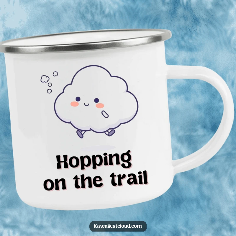 Funny cloud hop camping mug character attempting a silly hop, leaving a vapor puff, ideal for enjoying drinks outdoors with a playful spirit.