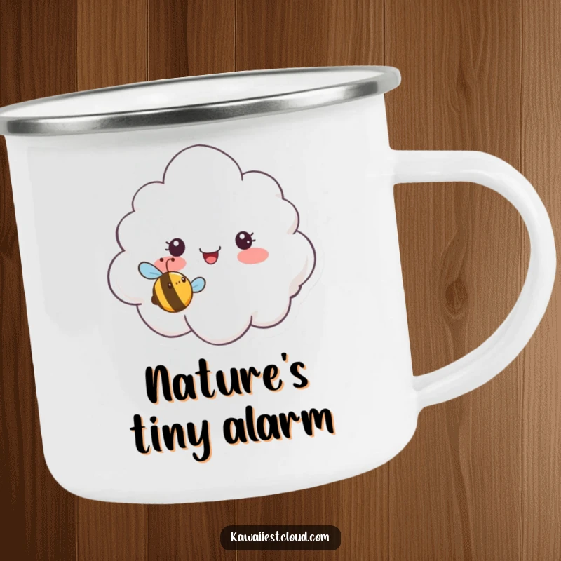 Funny camping mug showing a surprised cloud character looking at a tiny, smiling bee buzzing humorously, ideal for outdoor fun.