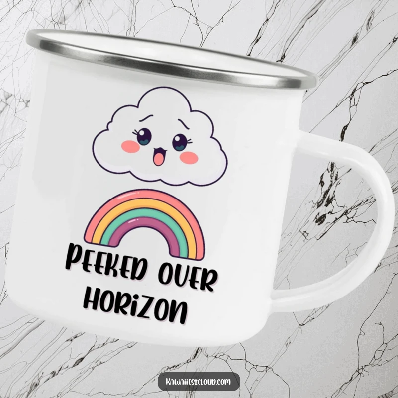 Funny camping mug featuring a surprised cartoon cloud peeking over a tiny rainbow, ideal for outdoor enthusiasts.