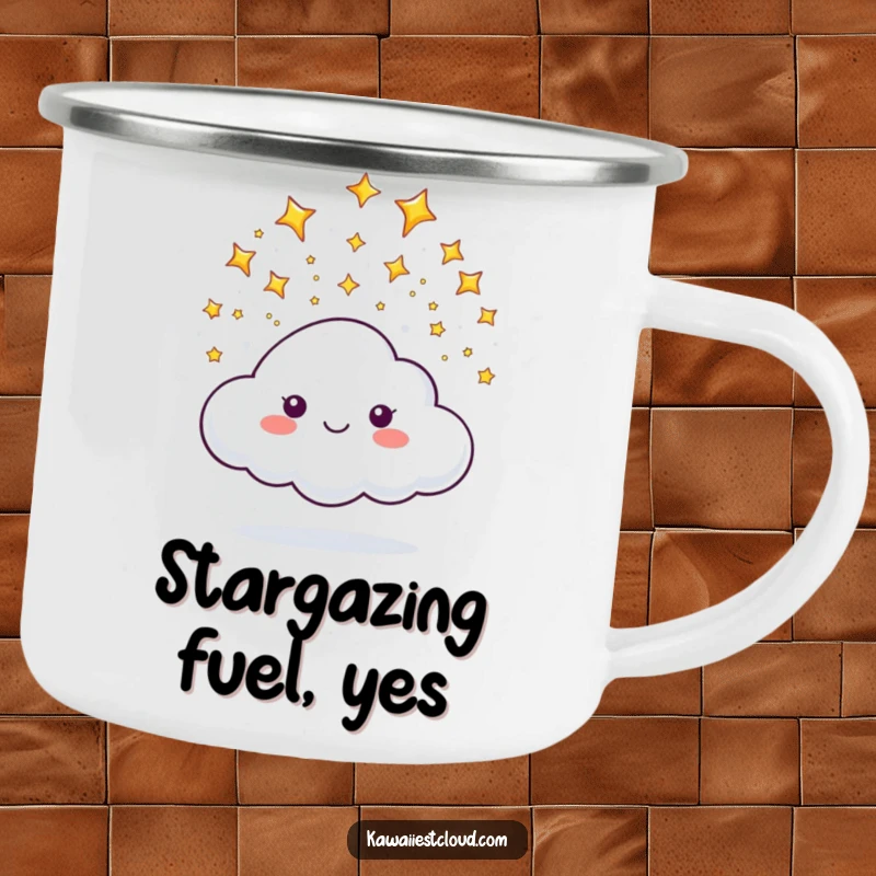 Funny camping mug: a cloud character happily releasing tiny, sparkling stars, perfect for magical outdoor moments.