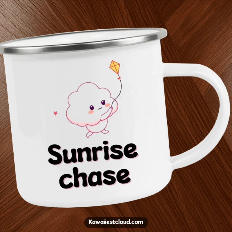 Funny camping mug showing a playful cloud character chasing a kite made of light, perfect for sipping outdoors.
