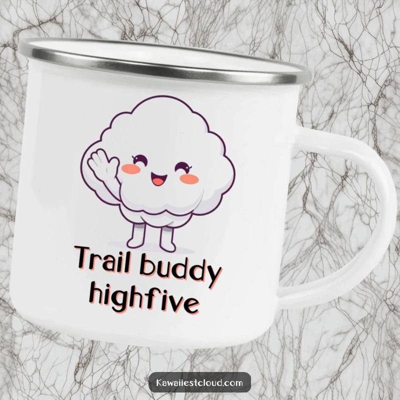 Funny Camping Mug: A smiling cloud character offering a fluffy cloud a high-five, symbolizing friendship and fun.