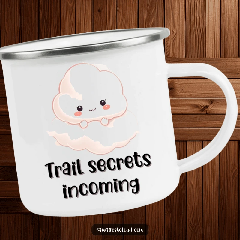 Funny curious cloud character peeking through mist on a durable camping mug, for adventurers.