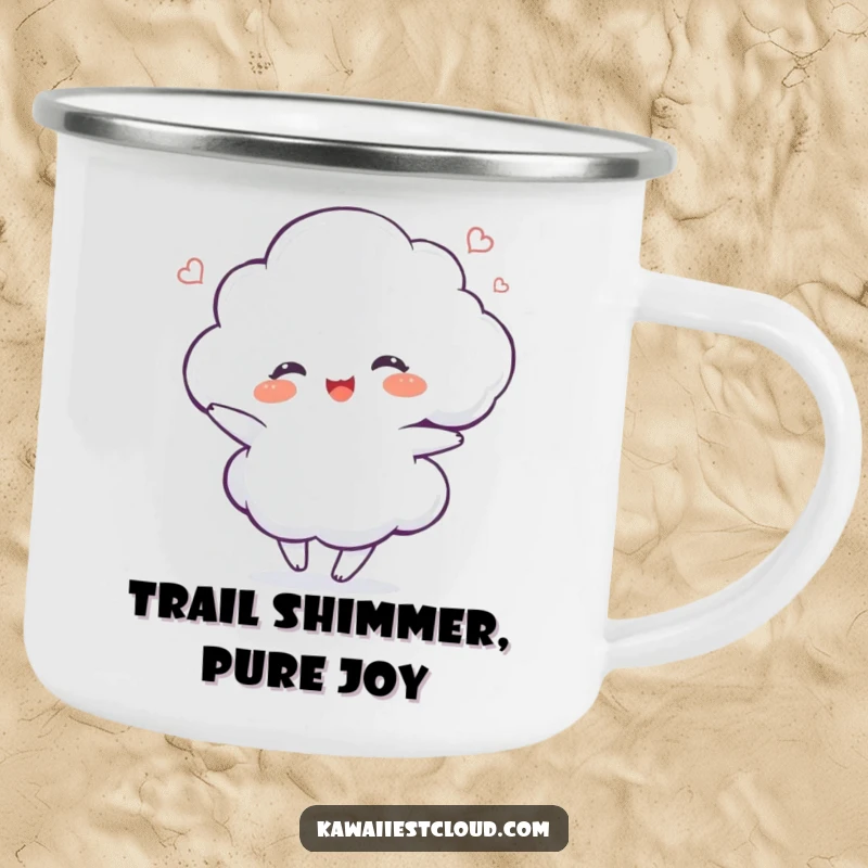 Funny delighted cloud character dancing with a shimmer on a durable camping mug, for happy campers.