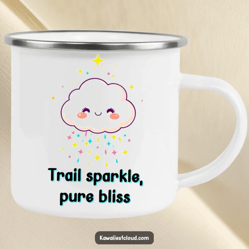 Funny joyful cloud character showering sparkly rain on a durable camping mug, for colorful adventurers.
