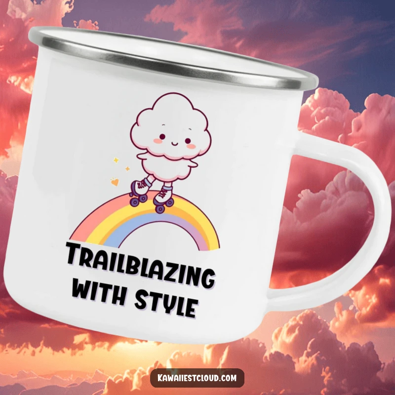 Funny camping mug with a vintage feel, showing a cheerful cloud character in roller skates speeding across a rainbow, perfect for outdoor enthusiasts.