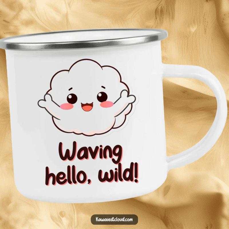 Funny camping mug: a smiling cloud character joyfully waving its puffy arms, bringing cheer to outdoor adventures.