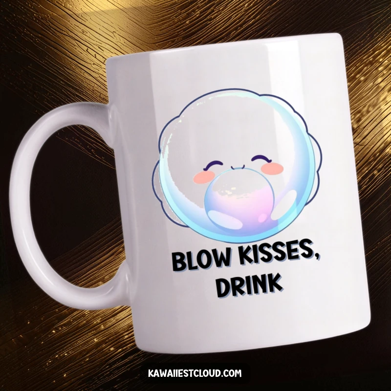 Funny mug showing a delighted cloud character joyfully blowing a giant, iridescent bubble, creating a magical and humorous scene.
