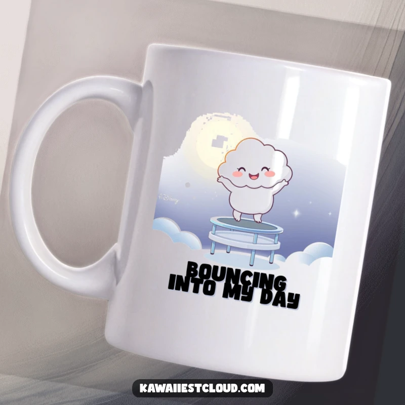 Funny Cloud Mug: Energetic cloud character happily bouncing high on a magical trampoline made of glowing moonlight.