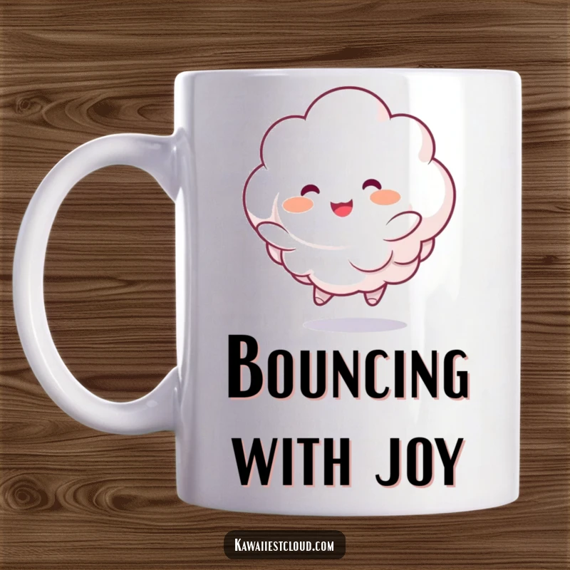 Funny mug featuring a fluffy cloud character joyfully bouncing with rosy cheeks, exuding happiness and innocent delight.
