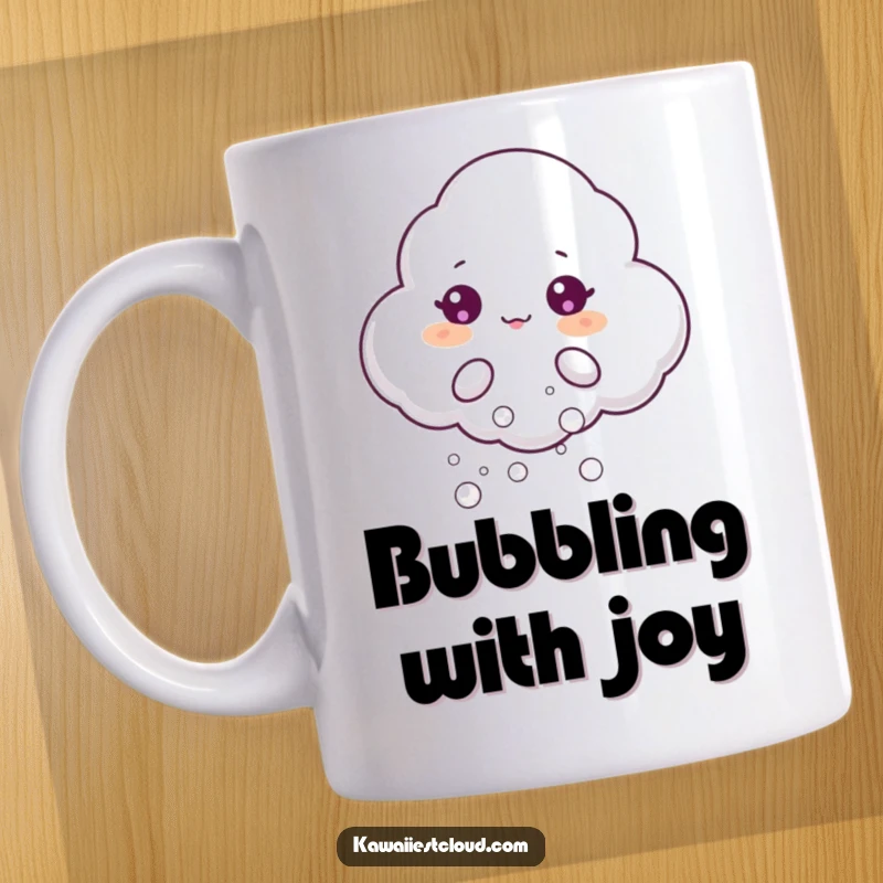 Funny mug featuring a beaming cloud character joyfully puffing out small, shimmering bubbles that catch the light, creating a whimsical scene.