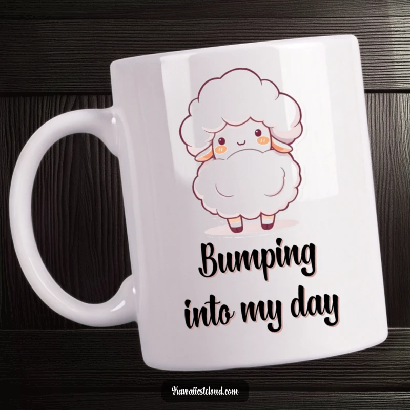 Funny mug showing a cheerful cloud character gently nudging a fluffy white sheep, creating a scene of innocent, playful interaction.