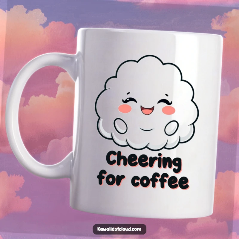 Funny mug featuring a cloud character cheering with a wide, fluffy smile, radiating pure joy and positivity.