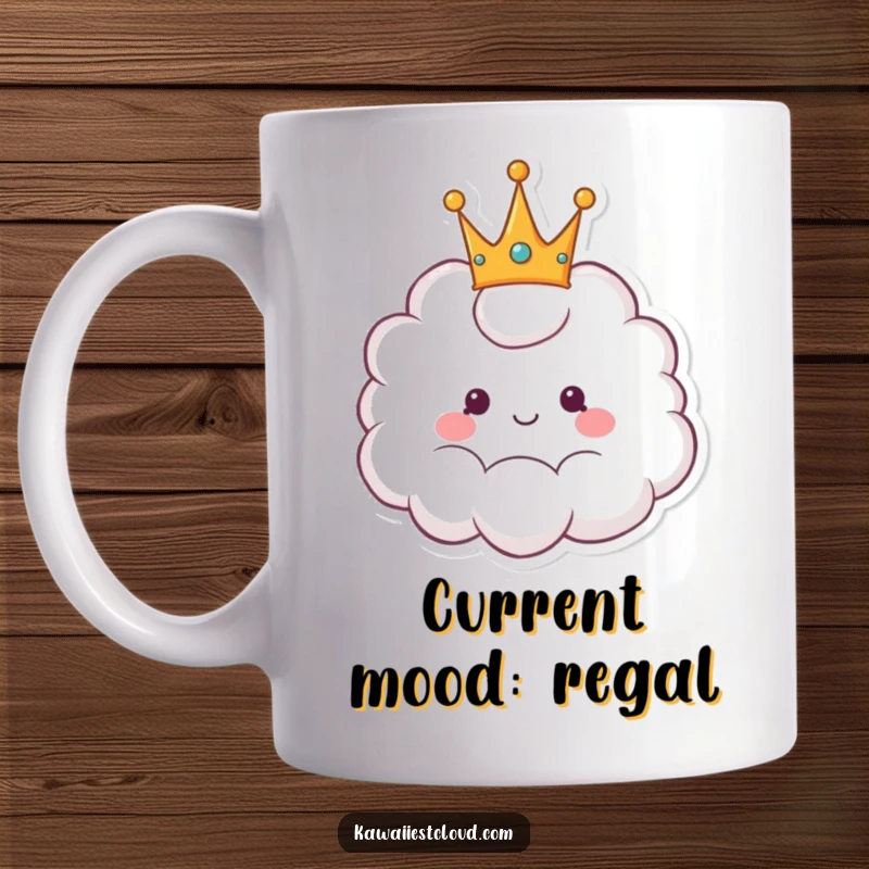 Funny mug featuring a smiling cartoon cloud wearing a fluffy white crown, radiating cheerful and regal vibes.