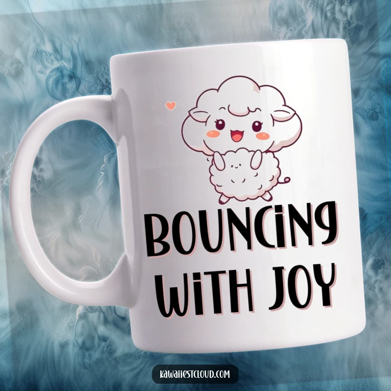 Funny mug depicting a happy cloud character bouncing a fluffy sheep with a playful expression and soft colors.