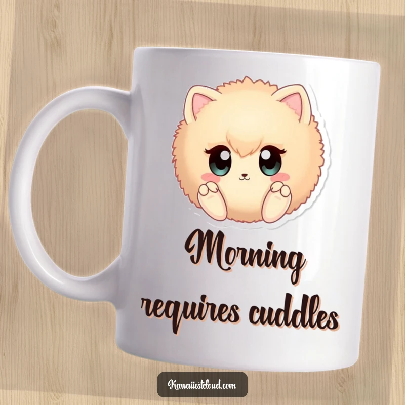 Funny fuzzy sphere mug with large curious eyes and tiny paws, looking adorable and playful.