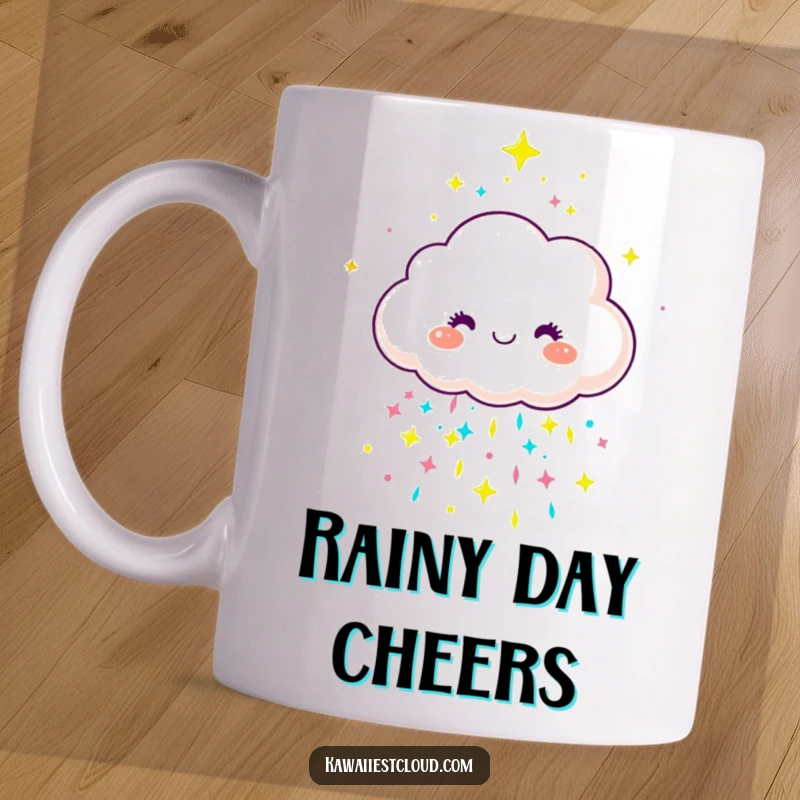 Funny joyful cloud character showering colorful, sparkly rain on a mug, spreading cheer.