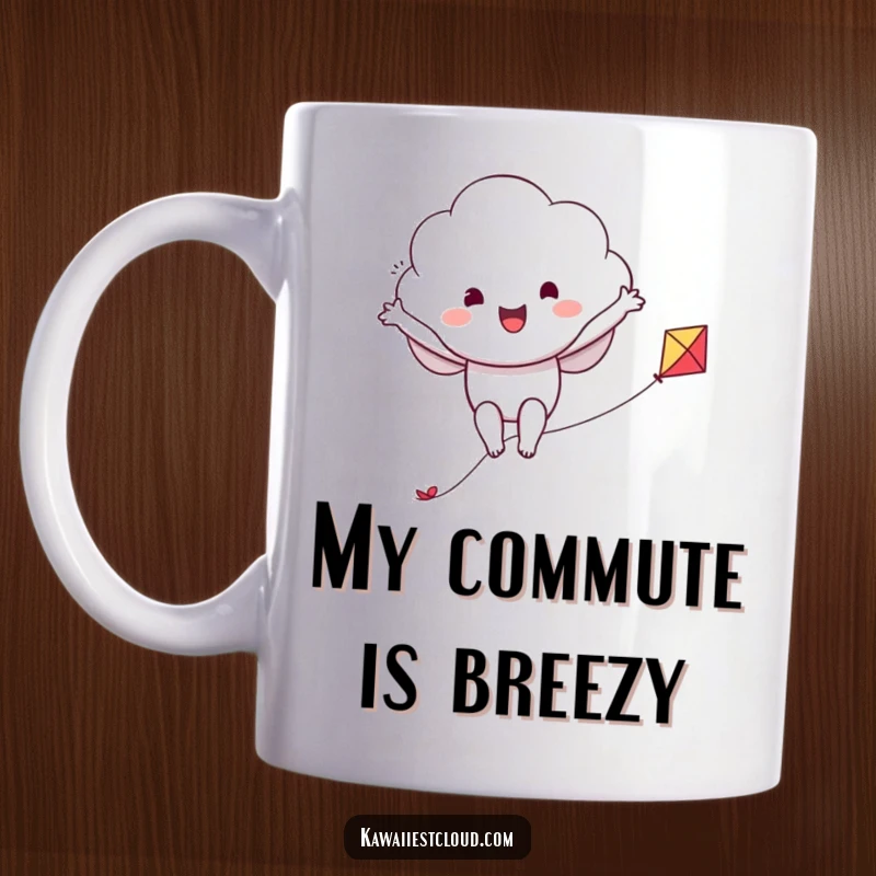 Funny mug showing a cheerful cloud character with arms spread wide, joyfully riding a small kite through the sky.