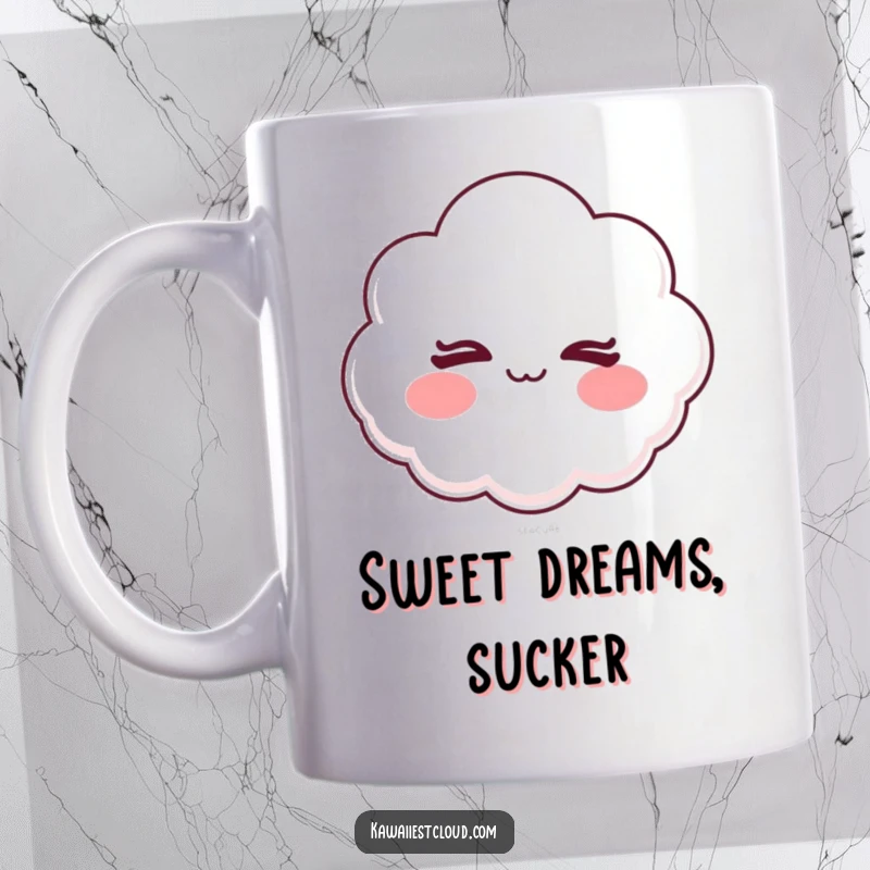 Funny mug featuring a cartoon cloud with rosy cheeks winking slyly, conveying a mischievous and charming personality.