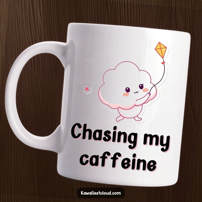 Funny mug featuring a playful cloud character joyfully chasing a kite made of shimmering light.