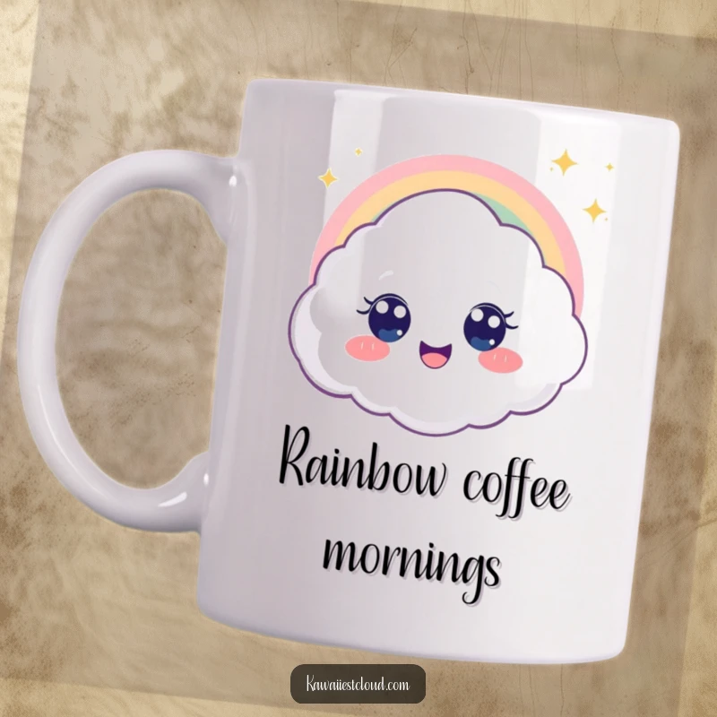 Funny mug featuring a delighted cloud character with big, wide eyes gazing at a shimmering rainbow, expressing pure wonder.