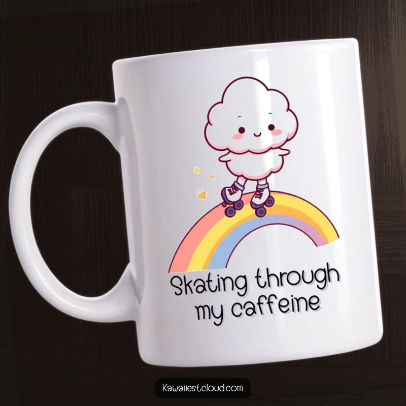 Funny mug featuring a cheerful cloud character happily roller skating with tiny skates on a vibrant rainbow, radiating pure joy.