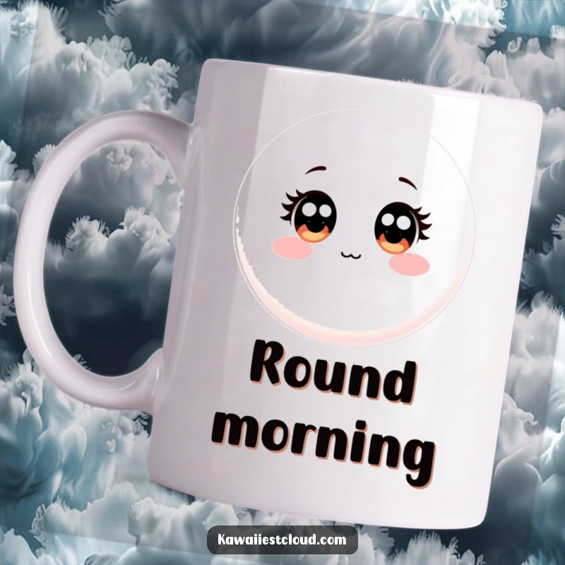 Funny Mug: A perfectly round, smooth object with large, innocent, and expressive wide eyes, looking endearingly surprised.