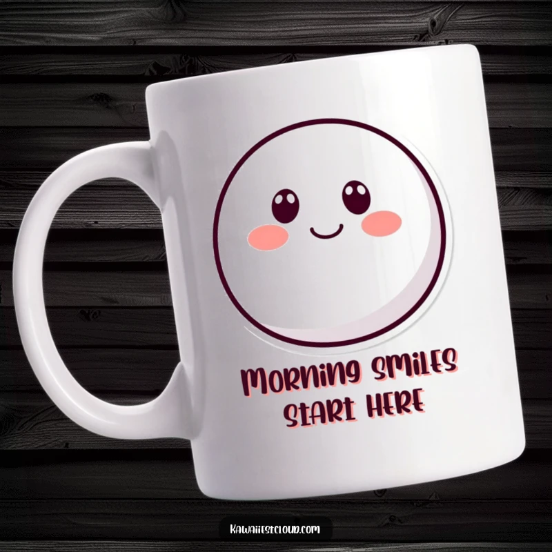 Funny rounded character mug with two simple dot eyes and a curved smile, radiating pure joy and cheerful simplicity.