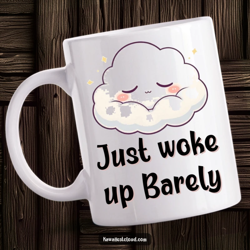 Funny Mug: A sleepy, glowing cloud character drifting peacefully with a gentle, radiating aura, perfect for a quiet moment.