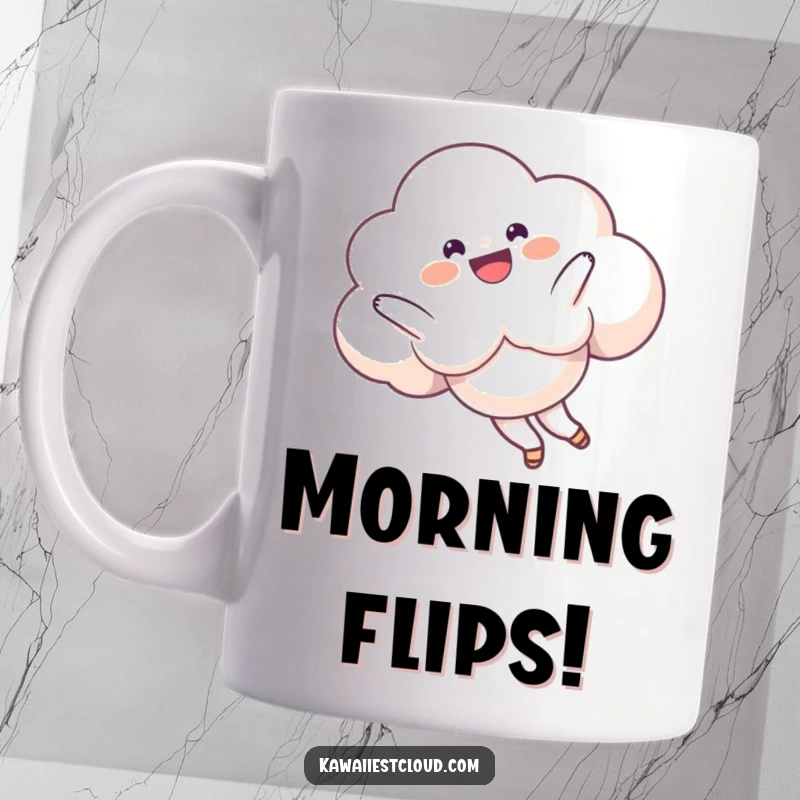 Funny Mug featuring a delighted cloud character performing a playful somersault in the sky, full of energy and joy.