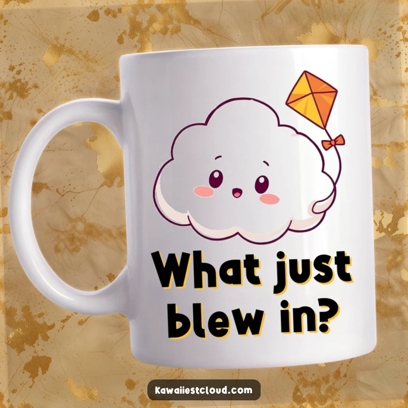 Funny mug featuring a wide-eyed, surprised cloud character with a friendly kite weaving playfully through its fluffy form, creating a whimsical scene.
