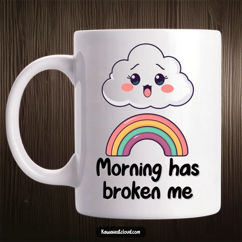 Funny mug featuring a cartoon cloud with wide eyes peeking over a small, colorful rainbow, expressing delightful surprise.