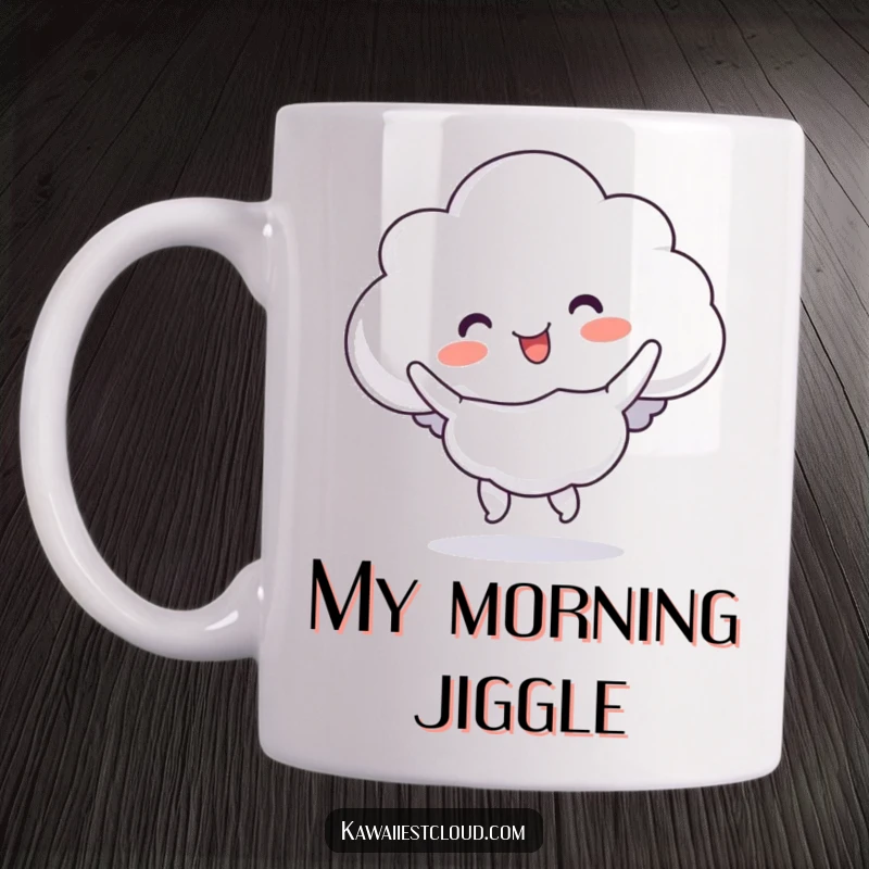 Funny cloud character mug doing a silly, bouncy jig with joy, radiating energetic fun.