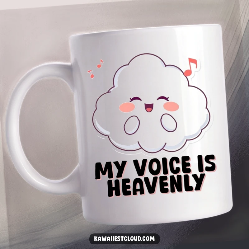 Funny mug with a cheerful, smiling cloud character singing a sweet, musical melody, spreading happiness and a love for song.