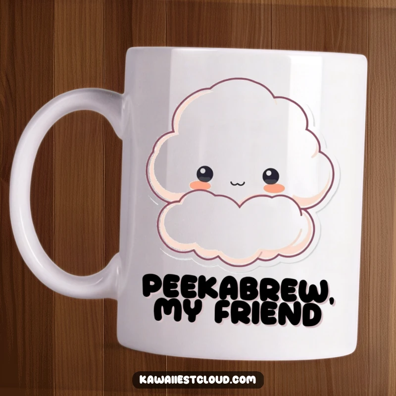 Funny mug with a curious cloud character peeking from behind a fluffy edge, embodying playful intrigue and gentle exploration.