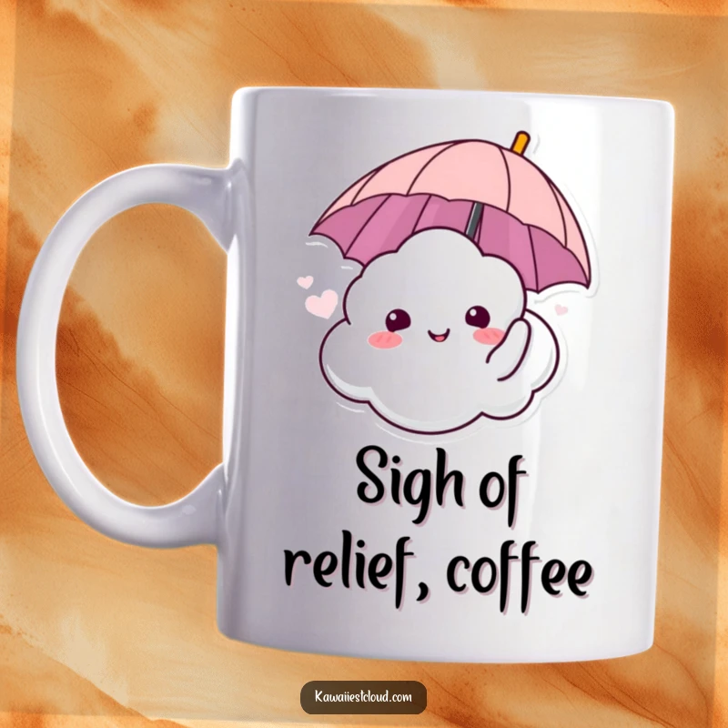 Funny mug featuring a relaxing cloud character sighing happily while holding a small umbrella, conveying peaceful contentment.