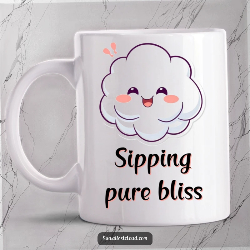Funny mug with a cheerful cloud character expressing a happy sigh, embodying pure contentment and joyful relief, perfect for happy sips.