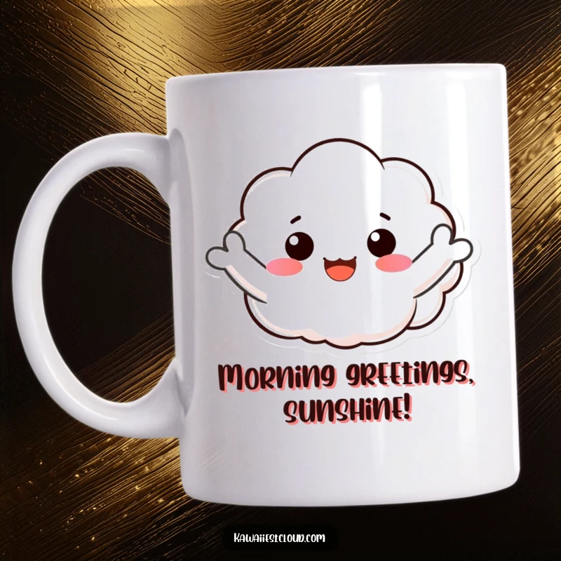 Funny mug featuring a smiling cloud character joyfully waving its puffy arms with a friendly and welcoming expression.