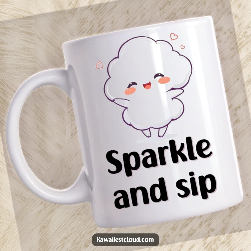 Funny delighted cloud character dancing with a shimmer on a mug, celebrating happiness.