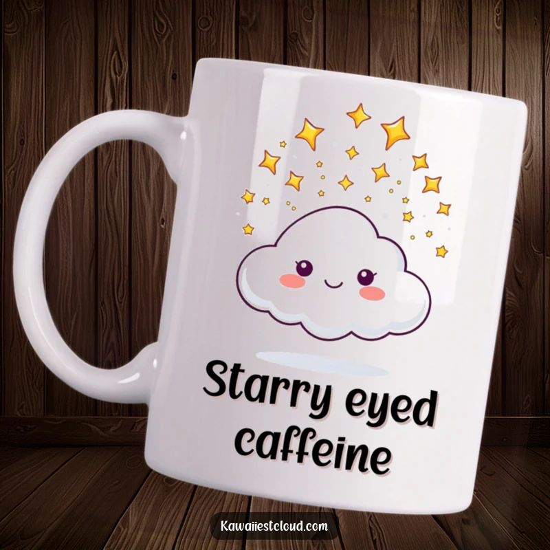 Funny mug featuring a cloud character happily releasing a gentle shower of tiny, bright, and sparkling stars.