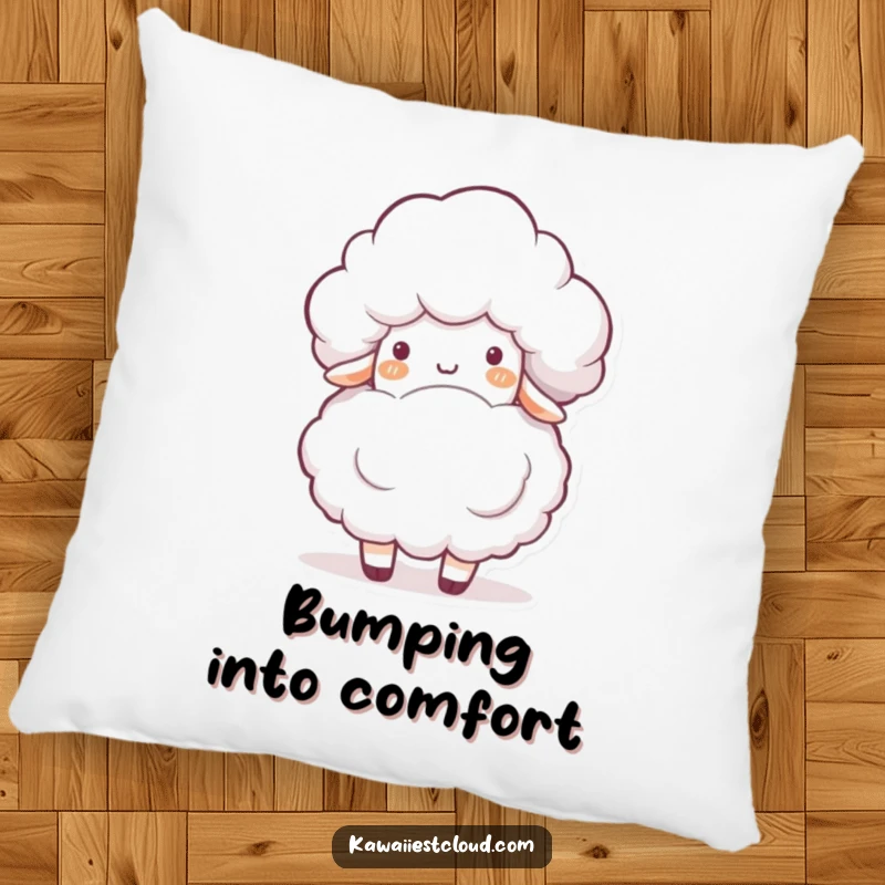 Funny pillow featuring a playful cloud character gently bumping into a fluffy white sheep, offering comfort and a touch of humor.