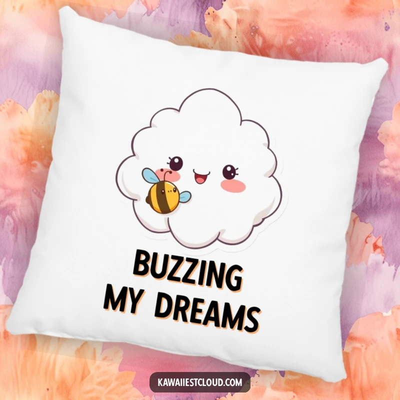 Funny pillow showing a surprised cloud character looking at a tiny, smiling bee buzzing nearby, perfect for a humorous touch.