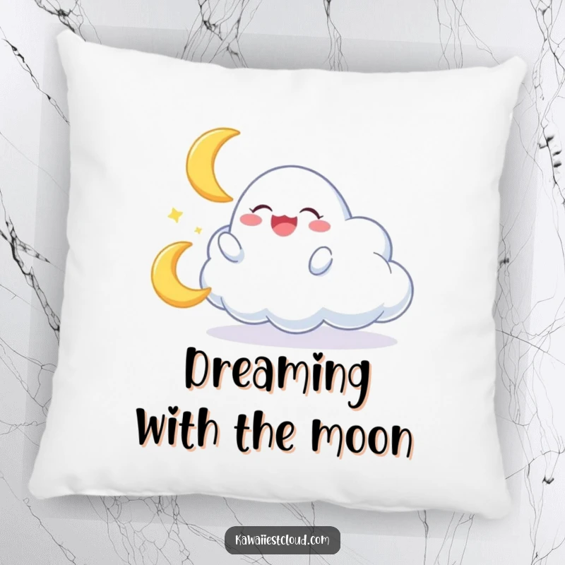 Funny pillow featuring a plush cloud character gleefully playing with a miniature, giggling crescent moon, perfect for sweet dreams.