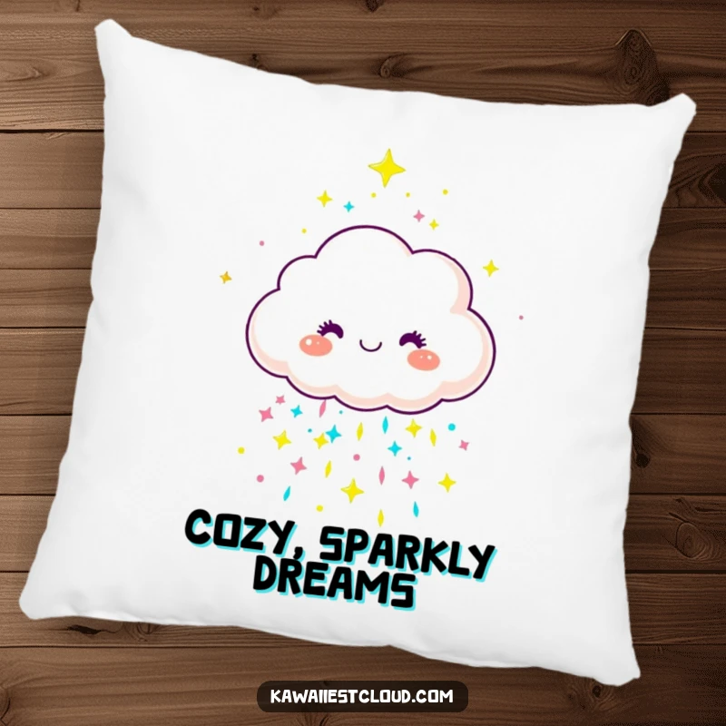 Funny joyful cloud character showering sparkly rain on a plush pillow, adding comfort and color.