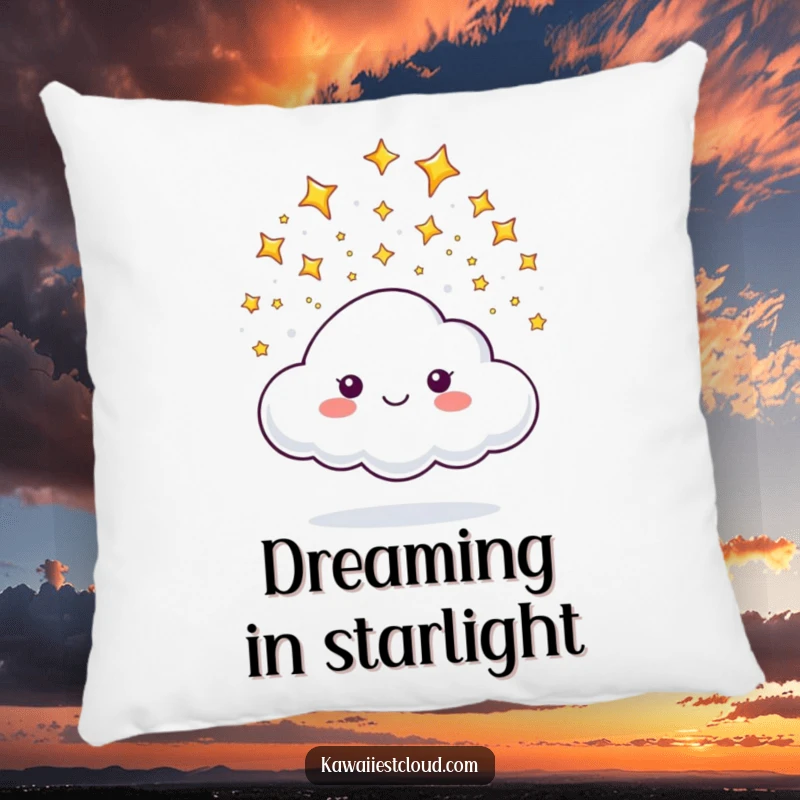 Funny pillow featuring a plush cloud character happily releasing tiny, shimmering, and sparkling stars for cozy dreams.