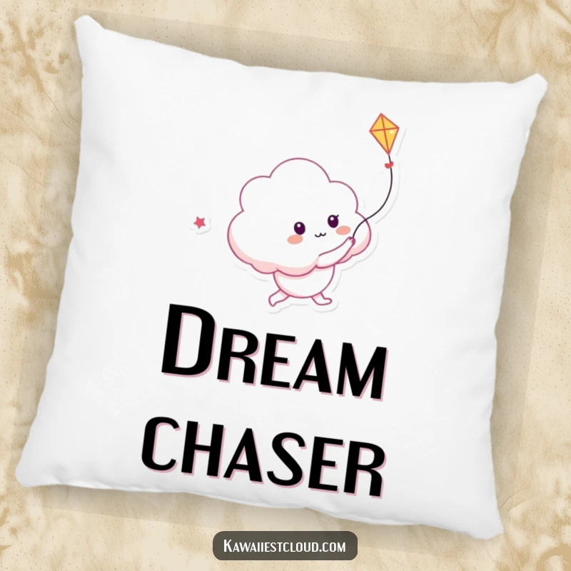 Funny pillow featuring a playful cloud character chasing a kite made of light, offering comfort and whimsical decor.