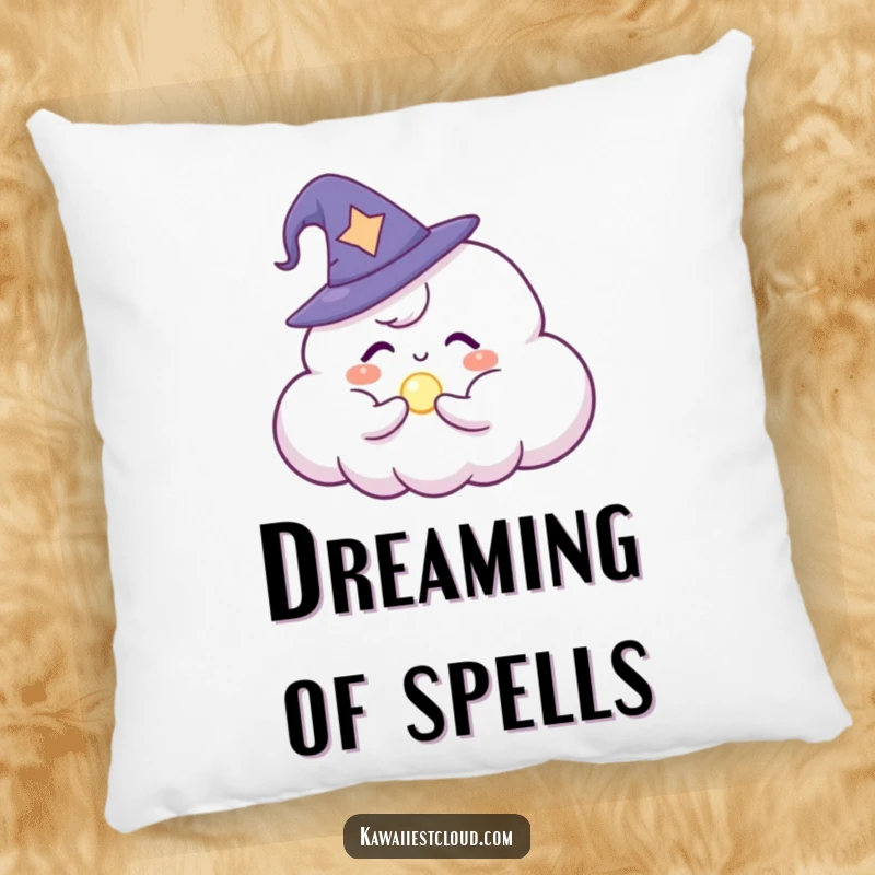 Funny Pillow: A whimsical cloud character in a wizard hat, conjuring a small, bright orb of magical light.