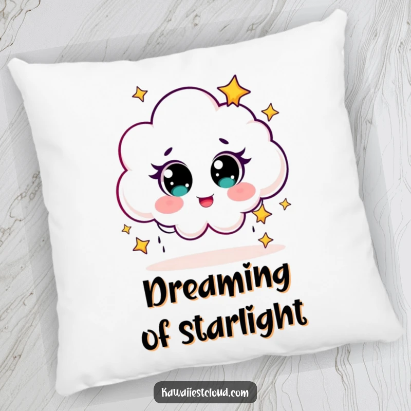 Funny Pillow featuring a cute cloud character with big eyes, giggling as it showers the world with tiny stars.