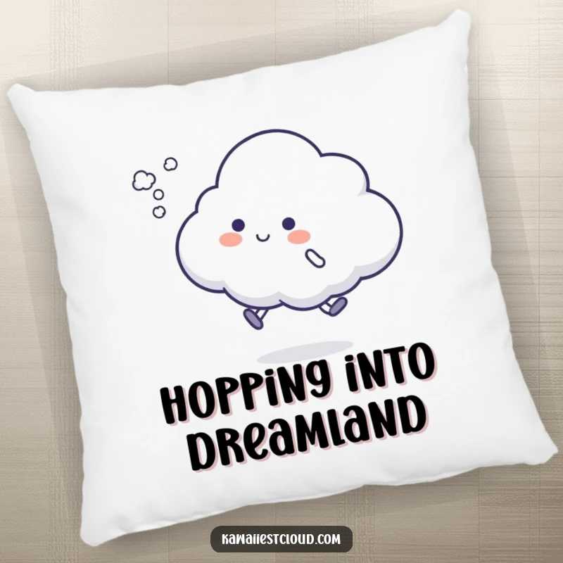 Funny cloud hop pillow featuring a character attempting a silly hop, leaving a puff of vapor, offering comfort and humorous charm.